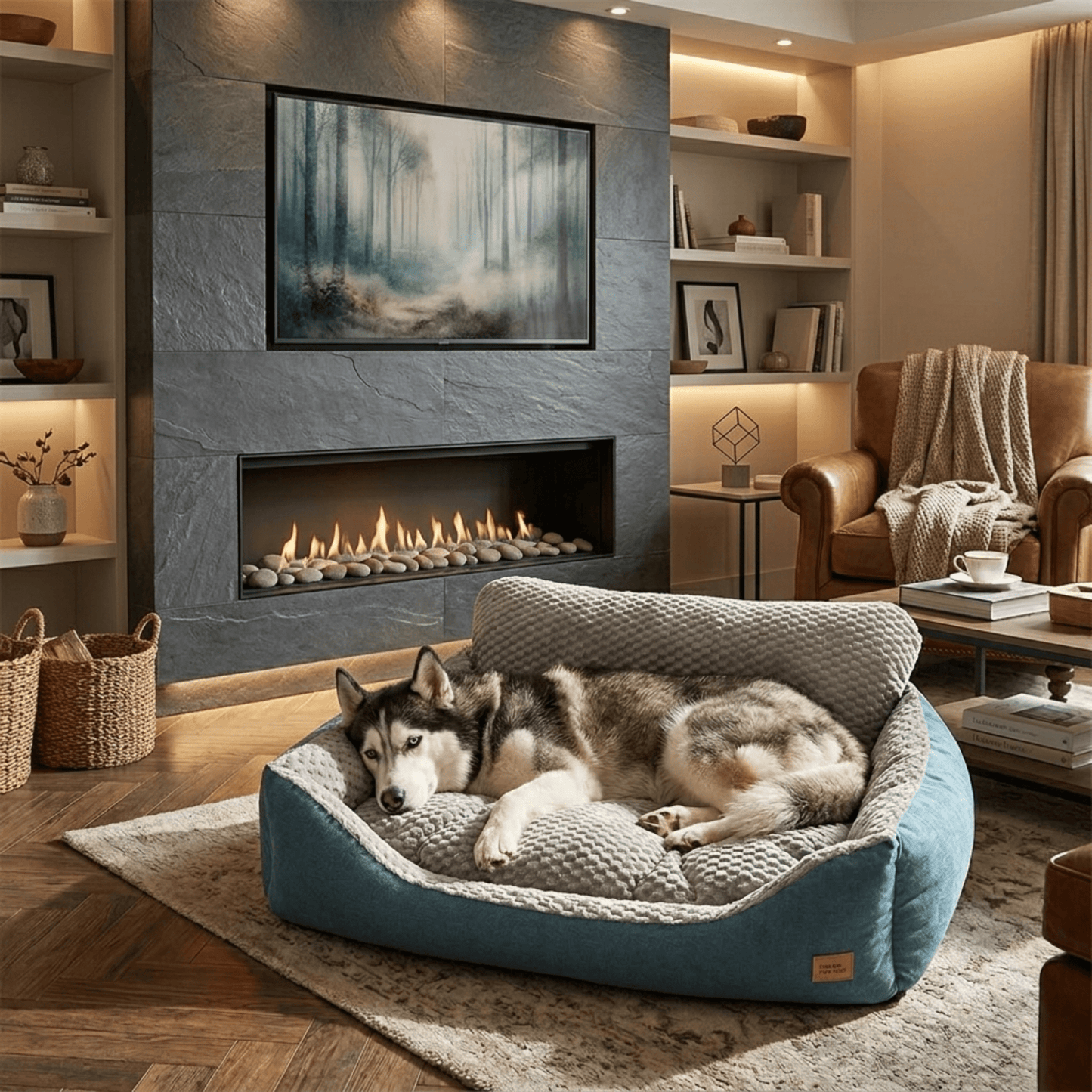 Canapé pour chien avec husky devant une cheminée