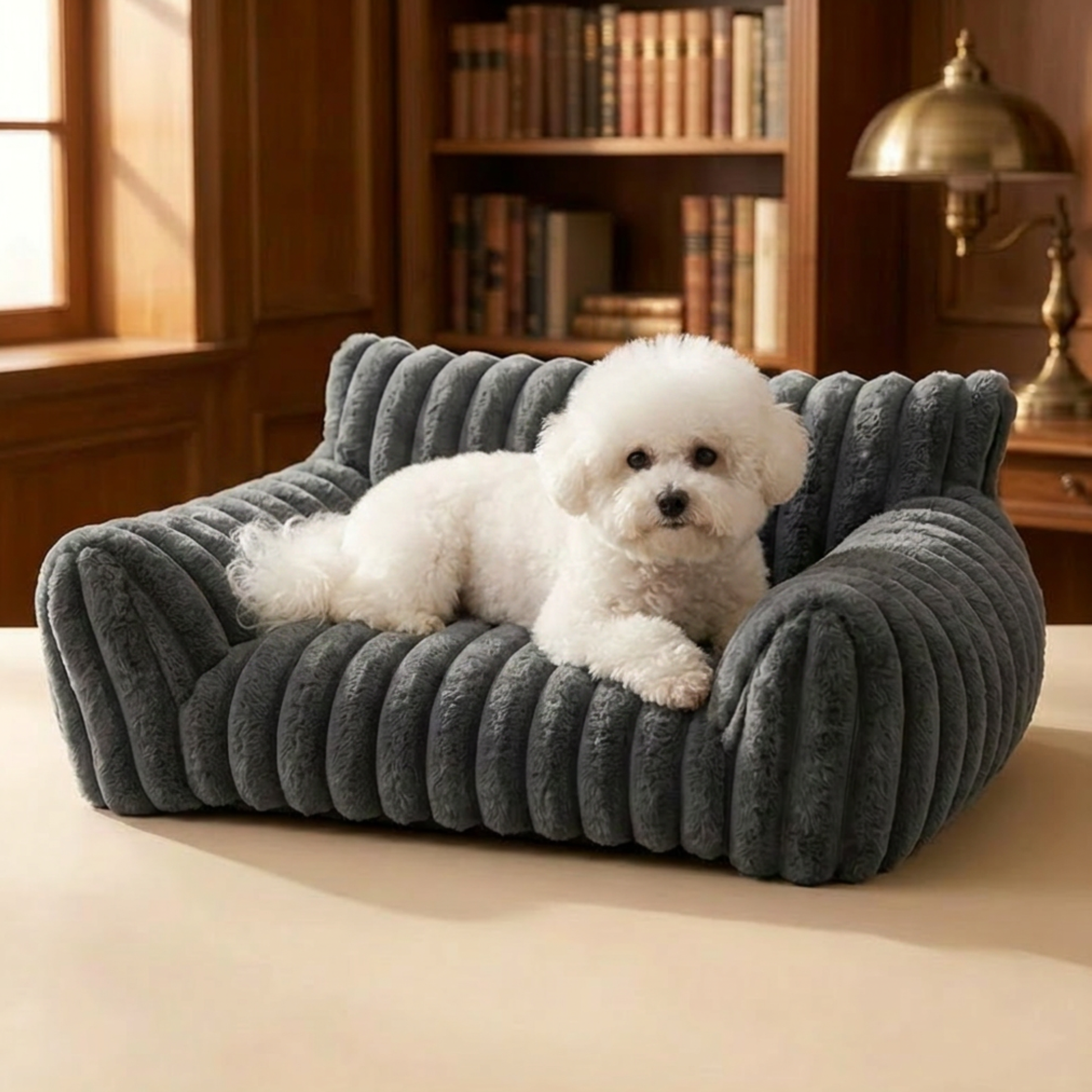 Canapé pour chien avec bichon blanc