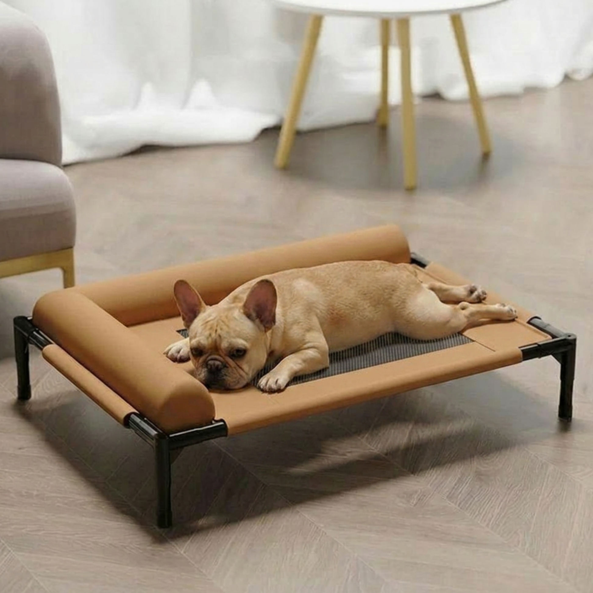 Lit pour chien surélevé avec bouledogue