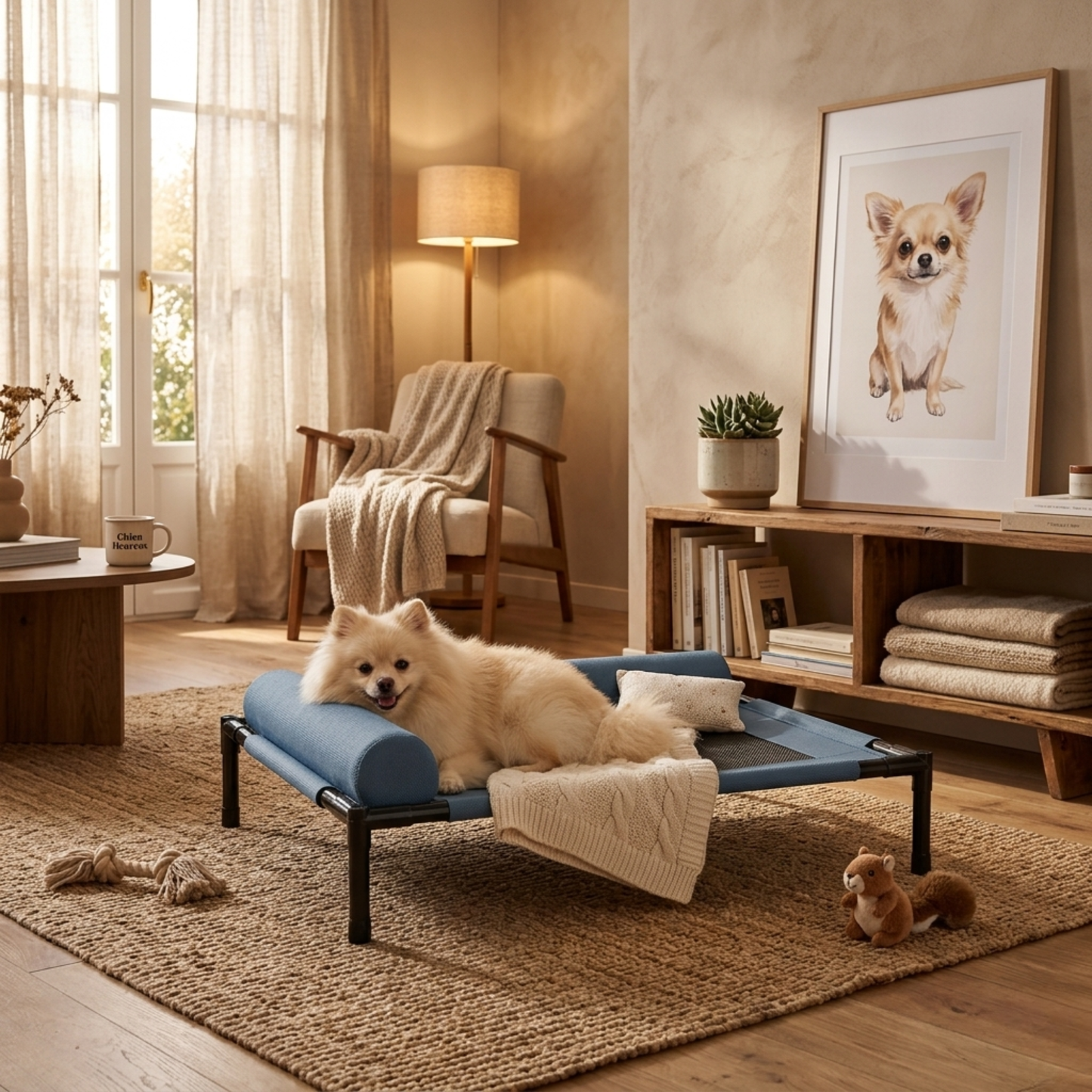 Lit pour chien surélevé avec spitz dans un endroit cosy