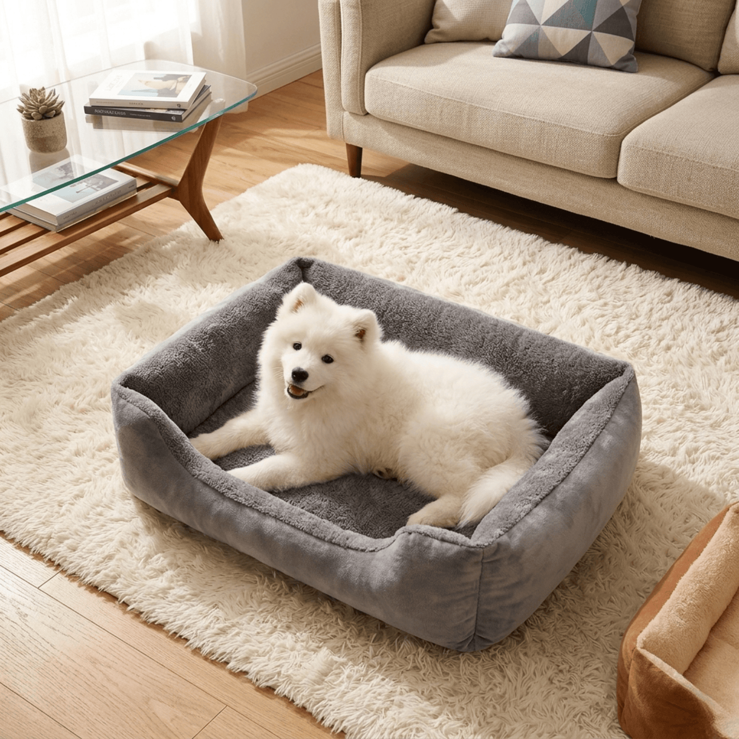 Panier chien avec  chien blanc