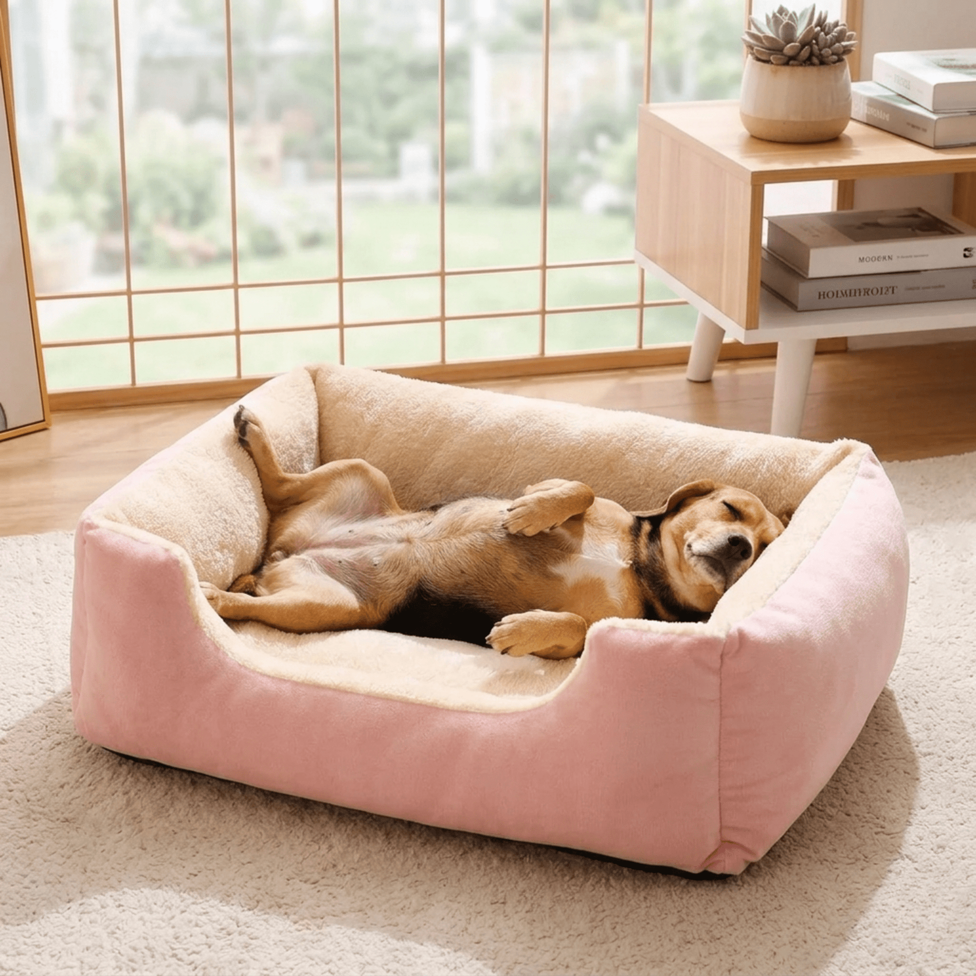 Panier chien avec chien couché sur le dos
