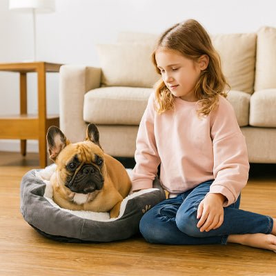 Panier petit chien avec bouledogue et petite fille